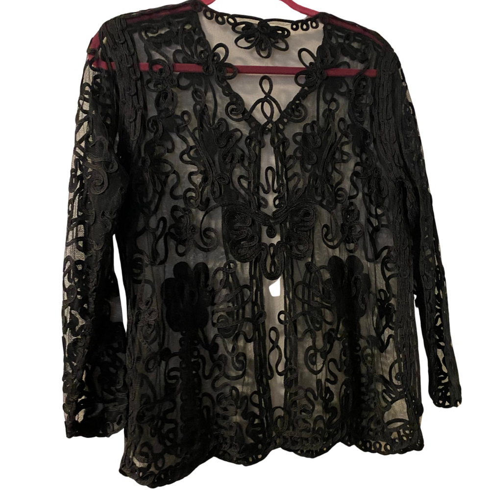Beechers Brook Sheer Beaded Embroidered Whimsigoth Cardigan Black Quiet Luxury